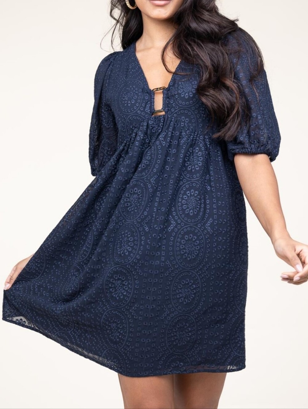 BA&SH Navy Brancia Mini Dress Sz 3 US 8 Puff Sleeve V-Neck Eyelet A-Line NWT